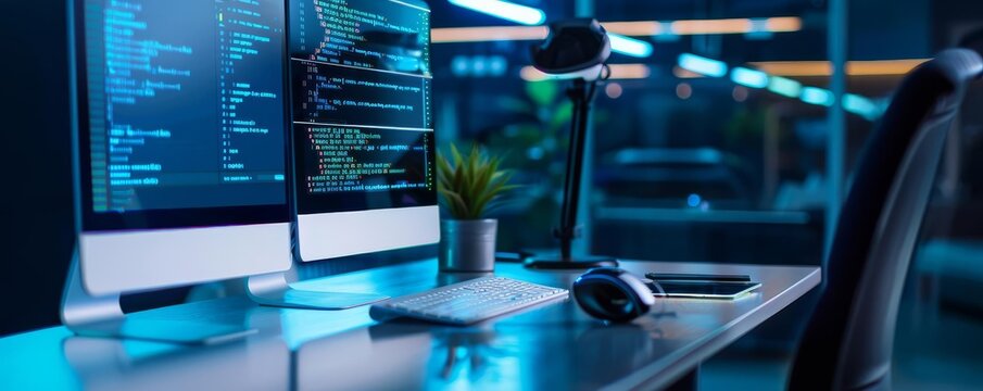 Augmented reality coding, holographic code editor, sleek modern desk