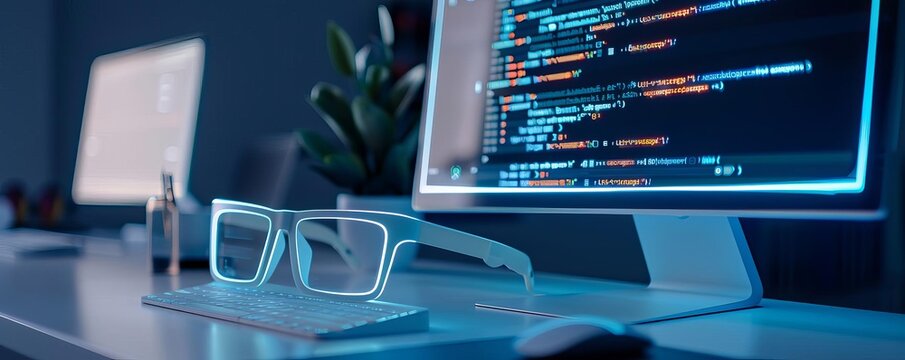Augmented reality coding, holographic code editor, sleek modern desk