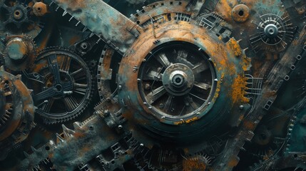 A close-up of rusty industrial gears and machinery, highlighting the texture and wear of old mechanical parts. The image evokes a sense of history and industrial heritage, perfect for themes of decay