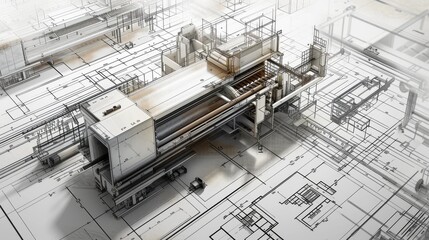 A detailed 3D rendering of an industrial machine positioned overlaid on a technical blueprint background, illustrating a sophisticated engineering design process and technological innovation.
