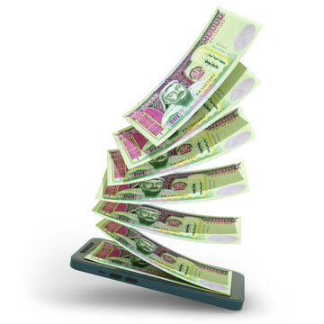 3D rending of Mongolian tugrik togrog notes inside a mobile phone. money coming out of mobile phone