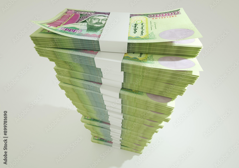Fototapete 3d rendering of stacks of mongolian tugrik notes arranged in a long single column. 3d rendering of b