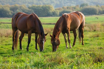 Obraz premium Two Brown Horses Grazing in a Lush Green Meadow