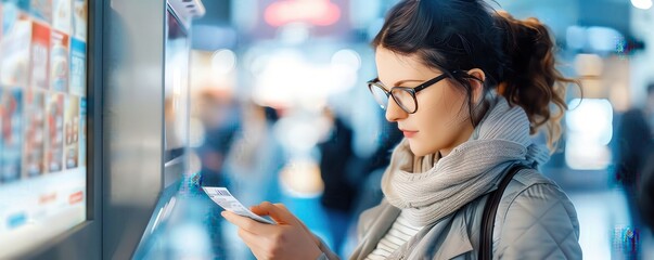 Woman buying theater tickets at a modern box office, vibrant urban setting, theater box office, contemporary entertainment purchase