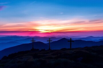 Crosses on the top of the mountain at sunrise. Religion concept