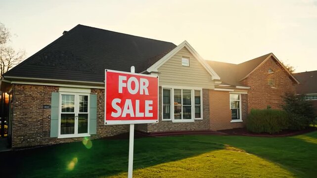 A suburban home with a brick exterior and a for sale sign in the front yard. The sun is setting in the background, casting a warm glow on the house and lawn.