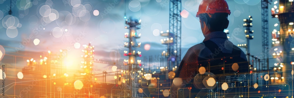 Poster silhouette of engineer with hard hat overseeing illuminated industrial construction site. advanced e