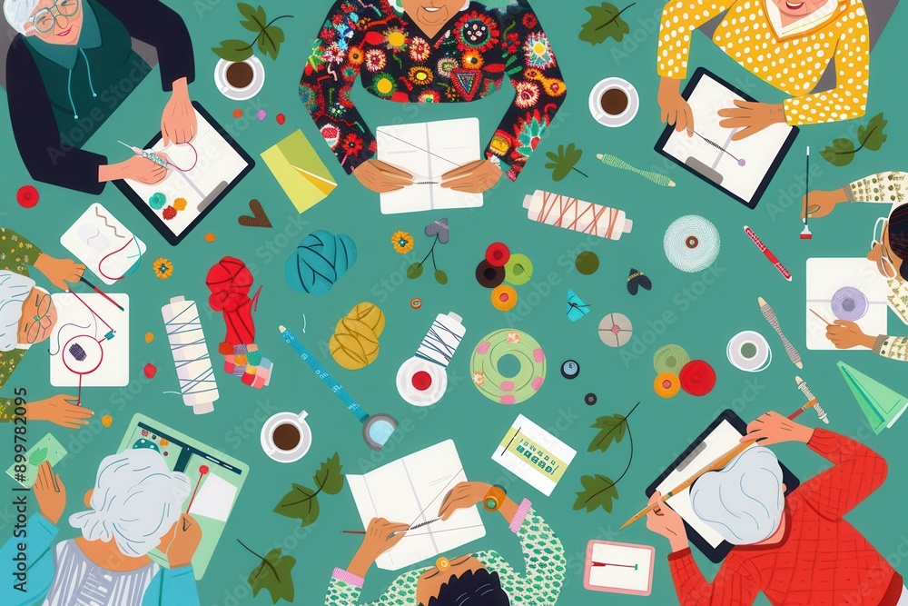 Poster a group of elderly individuals is actively knitting and sewing, sharing skills and creativity in a c