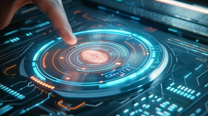 Scan fingerprint biometric identity and approval. Secure access granted by valid fingerprint scan, Business Technology Safety Internet Network Concept