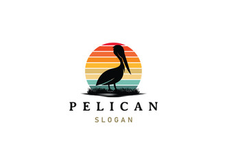Pelican bird logo vintage with grass and wild logo design.