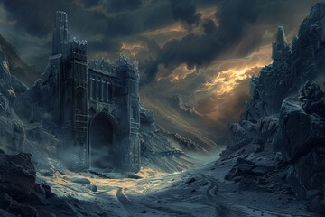 Ancient castle ruins in a desolate snowy mountain landscape with stormy clouds