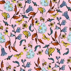 Bunny and rabbits in the meadow. Seamless spring pattern.