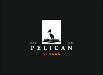 Pelican bird logo vintage with grass and wild logo design.
