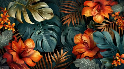 Fototapeta premium Tropical Floral Tapestry: A Lush Jungle