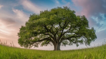 Obraz premium landscape of a large green oak tree on an empty field against the sky on a clear day
