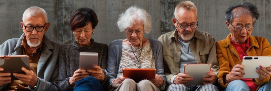 A group of elderly individuals sits closely together, focused on their digital devices, enjoying a moment of shared technology use in a cozy environment. Generative AI
