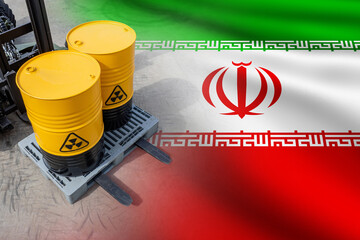 Barrels with radioactive fuel. Flag of Iran. Production of radioactive substances. Enriched uranium...