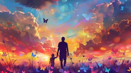 Fototapeta premium Happy father day Silhouette of a parent and child holding hands