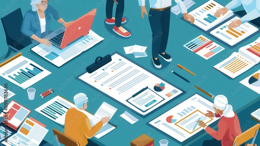 Poster A group of elderly individuals collaborate on analyzing reports and charts at a large table in a well-lit conference room, engaged in discussion. Generative AI