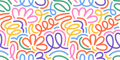 A colorful seamless pattern with line doodles and funky confetti. This creative, minimalist background is ideal for kids, featuring basic shapes in a simple, playful scribble style.