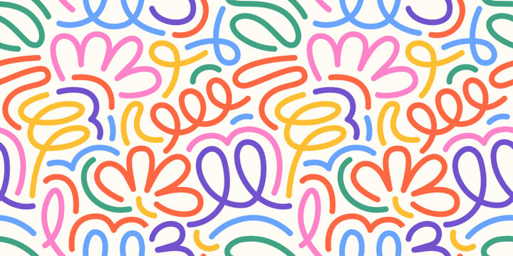 A colorful seamless pattern with line doodles and funky confetti. This creative, minimalist background is ideal for kids, featuring basic shapes in a simple, playful scribble style.