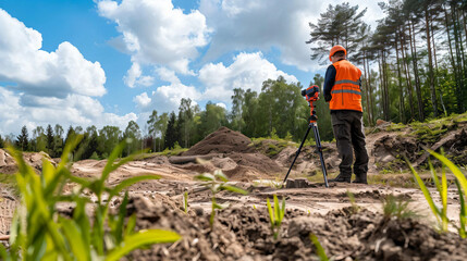 Surveyor working with surveying equipment in a forest.