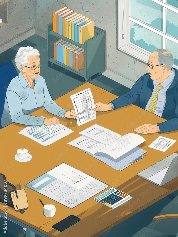 Aufkleber two elderly people discuss documents while seated at a conference table, surrounded by papers and bo
