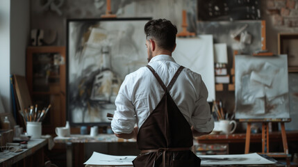 stressed-artist-working-on-painting-from-behind-with-apron-and-artist-tools-captured-with-50mm-lens-golden-ratio-composition