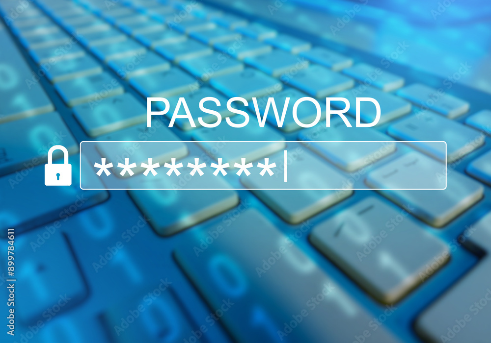 Fototapete Password input field. Place for access code. Word password near keyboard. Computer background. Cyber security concept. Password to protect information. Access code on website. 3d image