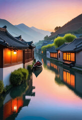 Chinese-style village at sunset, with traditional houses and boats reflecting on the water