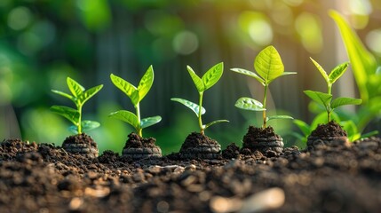 Fototapeta premium A row of young green plants growing in rich soil, symbolizing growth, life, and sustainability.