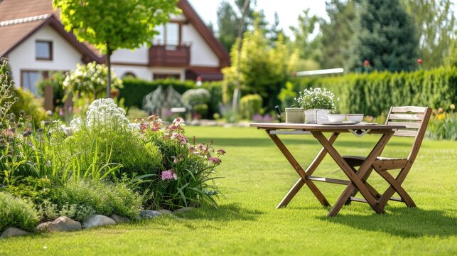 A beautifully arranged dining table in a lush garden, perfect for enjoying meals outdoors amidst scenic hills and clear blue skies