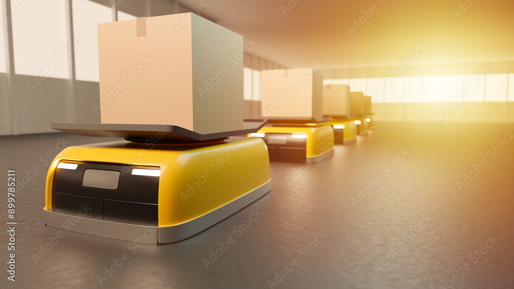 Poster warehouse robots with boxes. automated guided vehicles. autonomous mobile robot. storage machines. r