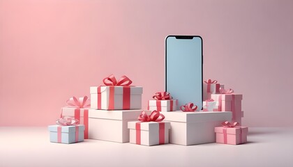3D Illustration. Smartphone with white blank screen and carboard box with gifts. Shipping service. Shopping online and e-commerce concept.