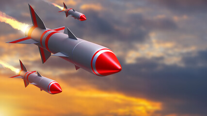 Rocket attack. Air warheads attack target. Military missiles on background sky. Air defense rockets. Air-to-ground missiles. Nuclear weapon attack concept. Intercontinental missiles. 3d image