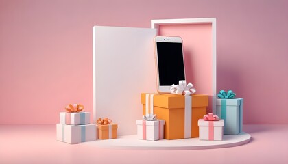 3D Illustration. Smartphone with white blank screen and carboard box with gifts. Shipping service. Shopping online and e-commerce concept.