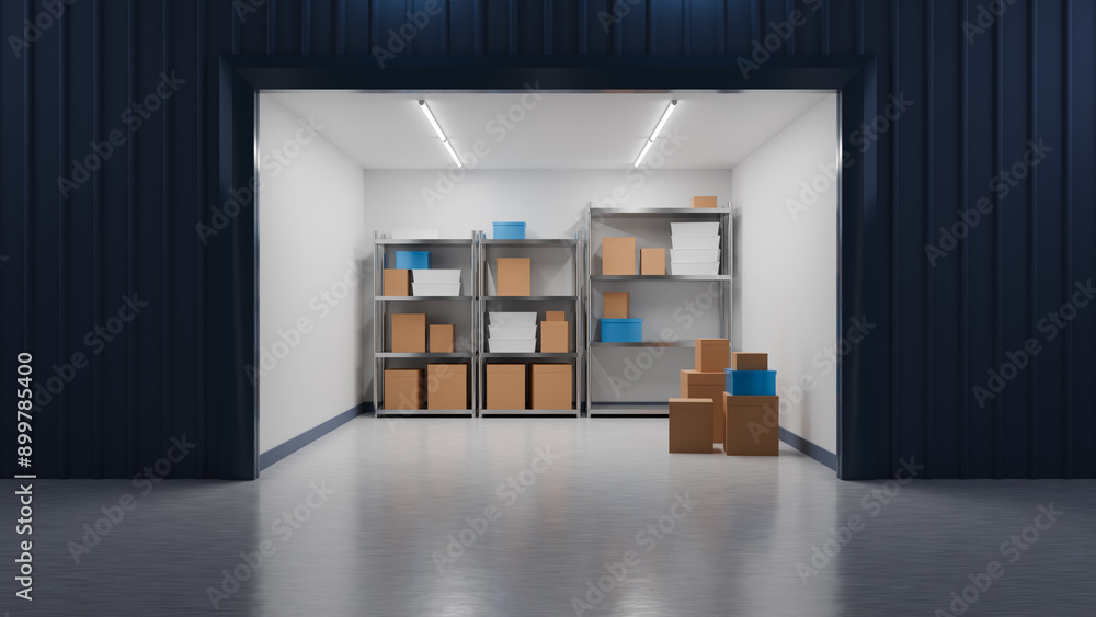 Poster self storage unit. warehouse space with parcels. large pantry with open gate. self storage space. sh