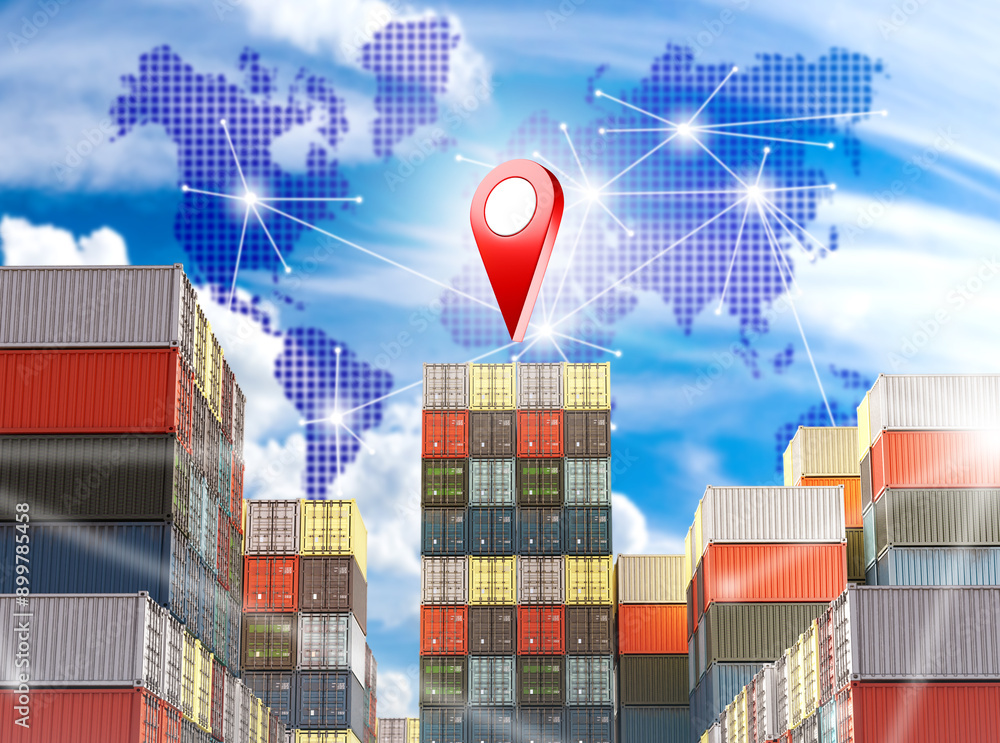 Poster international container warehouse. world map above container site. global logistics concept. stacks 