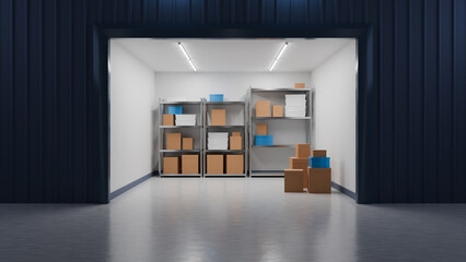 Self storage unit. Warehouse space with parcels. Large pantry with open gate. Self storage space. Shelves with boxes inside warehouse. Storage space for safekeeping. Storehouse, storeroom. 3d image