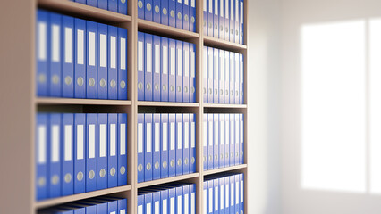 Archival shelving with documents. Folders with papers are stored on shelves. Archive for bureaucratic documentation. Cabinet for storing legal documents. Modern business archive. 3d image