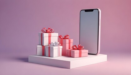 3D Illustration. Smartphone with white blank screen and carboard box with gifts. Shipping service. Shopping online and e-commerce concept.
