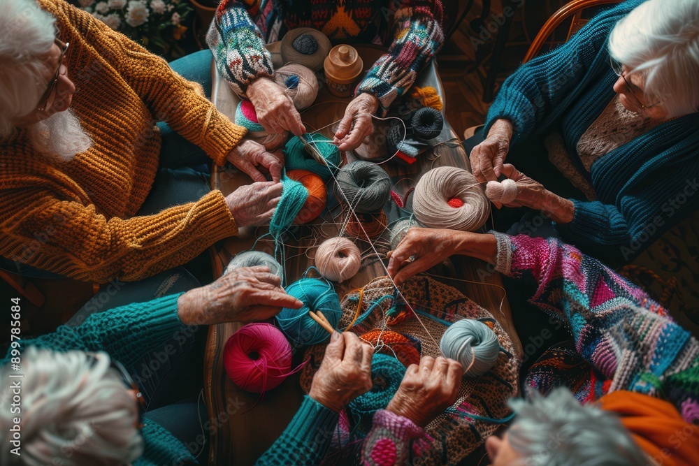 Poster elderly people are engaged in knitting and crafting, surrounded by colorful yarn in a warm and invit
