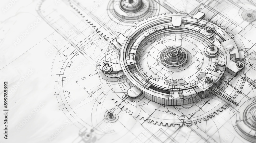 Poster a detailed engineering blueprint featuring a gear assembly and various technical details. the monoch