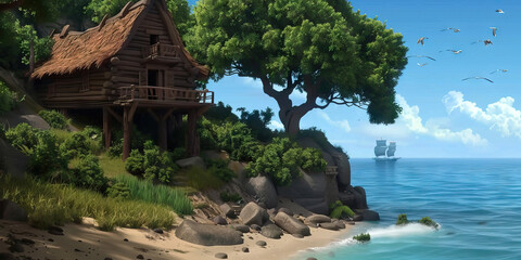Fototapeta premium Reflective Sanctuary: A cozy cabin perched on a hillside, surrounded by lush vegetation and overlooking the vast ocean