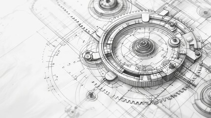 A detailed engineering blueprint featuring a gear assembly and various technical details. The monochrome design emphasizes the precision and complexity of mechanical engineering, ideal for industrial