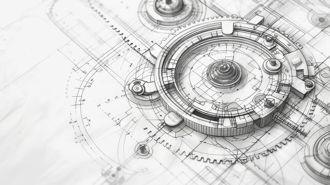 A detailed engineering blueprint featuring a gear assembly and various technical details. The monochrome design emphasizes the precision and complexity of mechanical engineering, ideal for industrial