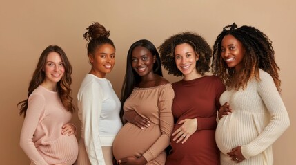 A group of five pregnant women are posing for a photo