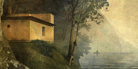 Reflective Sanctuary: A cozy cabin perched on a hillside, surrounded by lush vegetation and overlooking the vast ocean