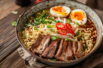 Delicious Beef Ramen with Soft Boiled Egg.