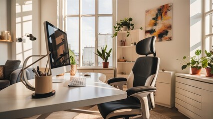 Stylish home office with modern desk, comfy chair, computer, plants, and bright light. Inviting workspace. Ideal for productivity.